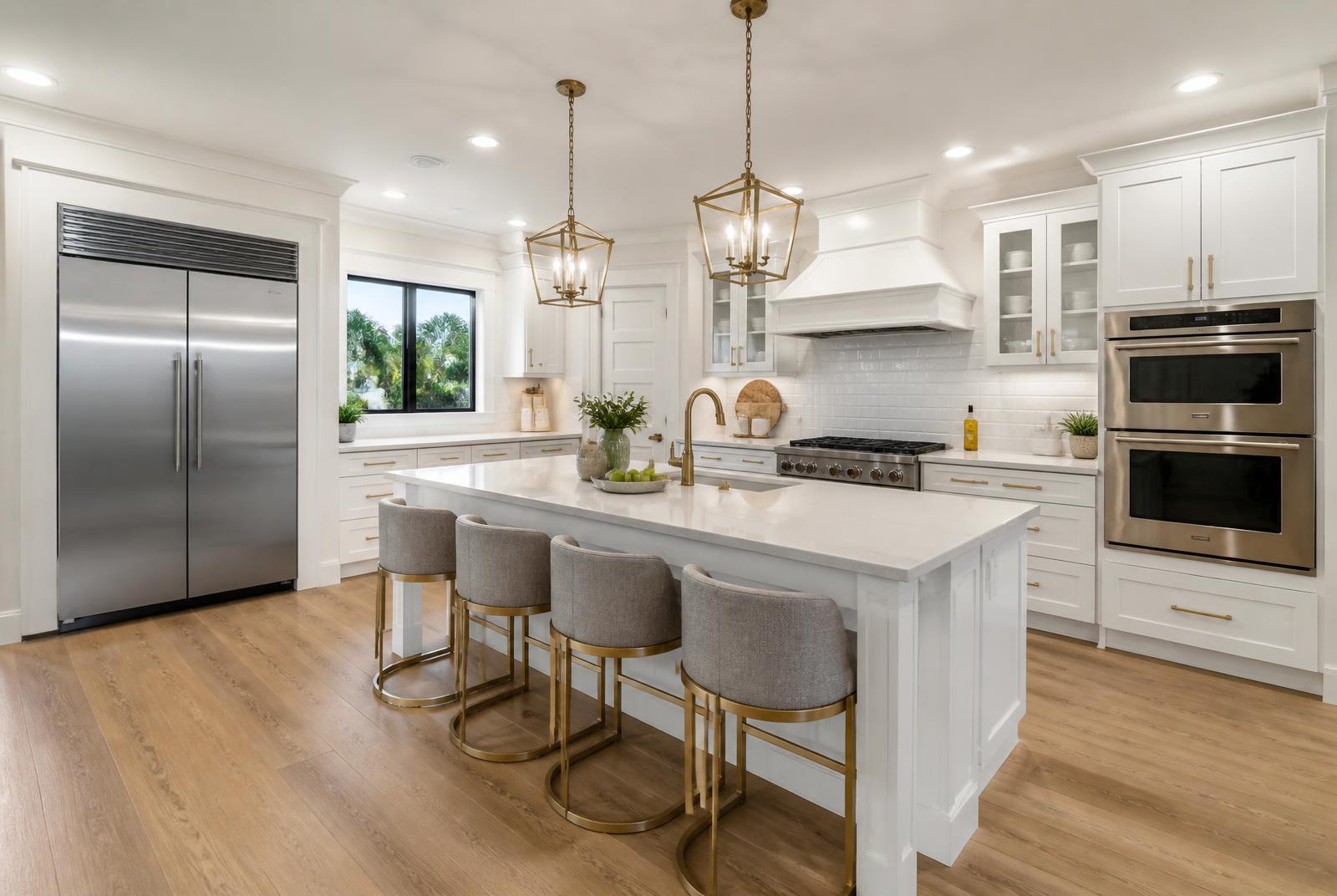 Newly remodeled Florida kitchen with white shaker cabinets, quartz island and brass pendant lighting